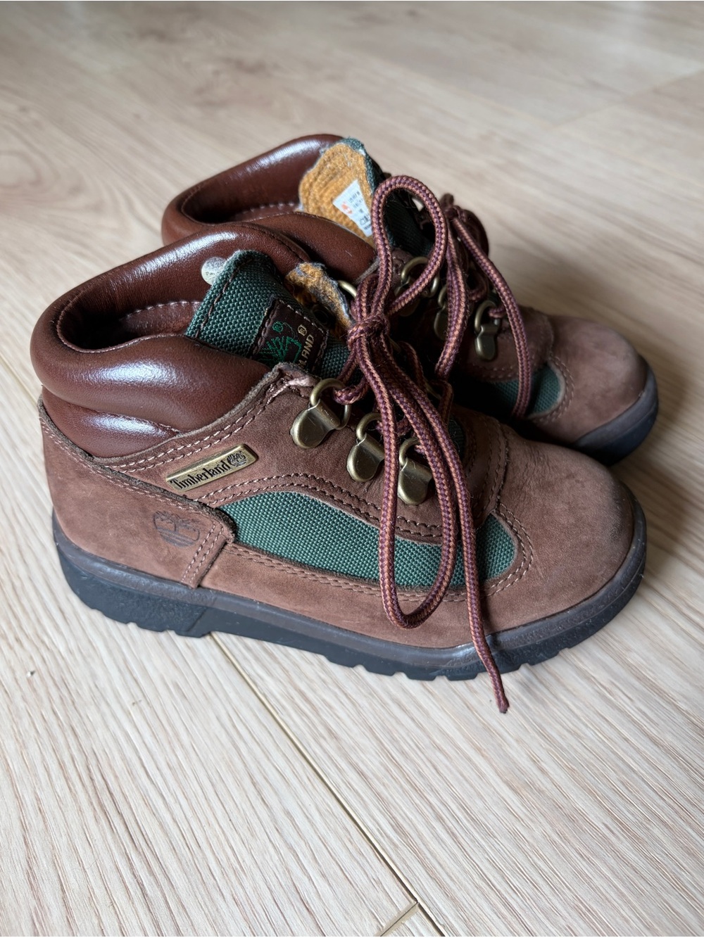 Timberland Kids Brown Leather & Green Mesh Hiker Field Boots